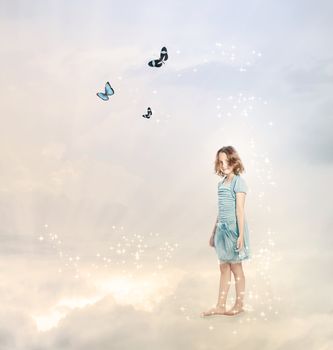 Girl in the Clouds with Butterflies