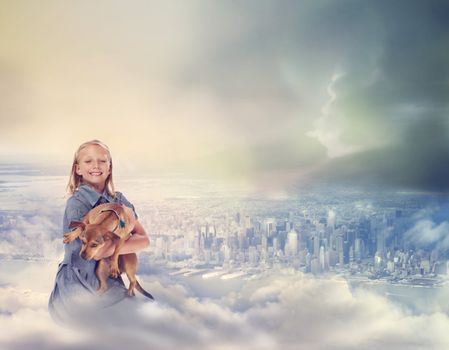 Young Blonde Girl with her Dog on Top of City