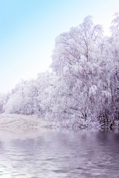 Winter landscape in frosty weather near the lake