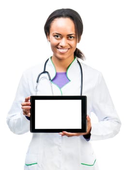 Nice Doctor shows a digital tablet isolated on white background