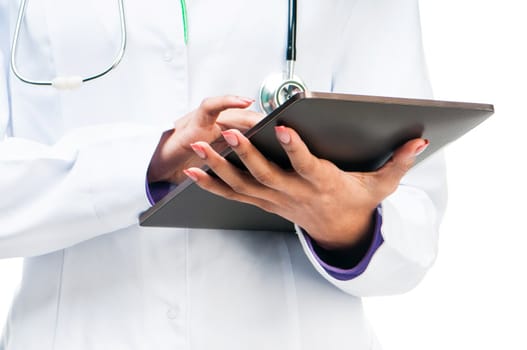 Doctor working on a digital tablet isolated on white background