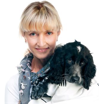 cocker spaniel and young pretty woman on white background