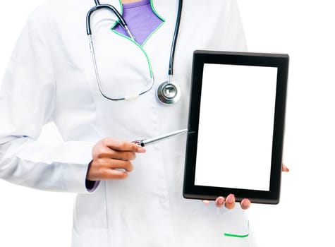 Doctor holding a digital tablet isolated on white background