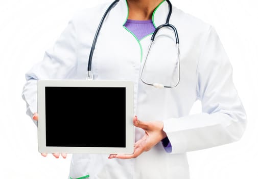 Doctor with a digital tablet isolated on white background