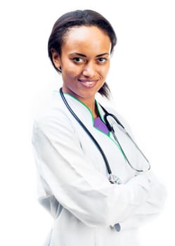 Female Doctor smiling on awhite background