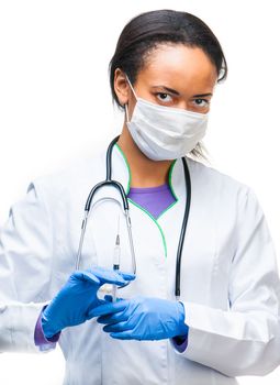 doctor holding a syringe in hands over white background