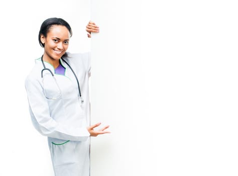 attractive female doctor with board. over white background