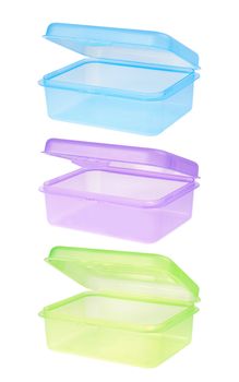 Plastic container for storing food. Blue, magenta and green. Isolated on white background