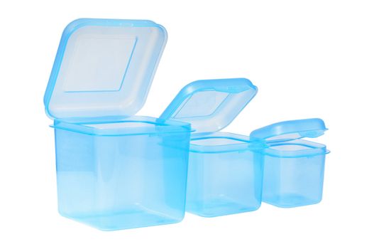 Plastic container set  for storing food. Blue color. Isolated on white background