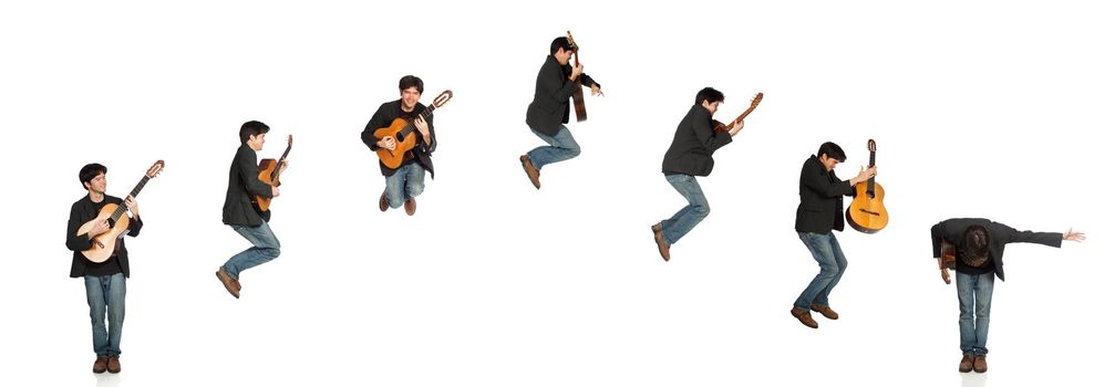Isolated Guitar Player Jumping then Bowing Sequence (arch)