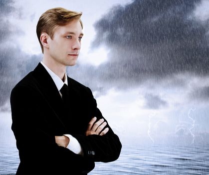 Portrait of a Young Stylish Man at Sea Storm