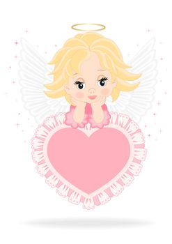 Angel sitting on a pink heart isolated on white background