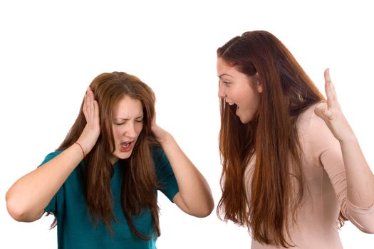 Woman yelling at another girl, who covers his ears with his hands
