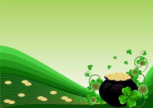 Greeting Card St. Patrick's Day with clover and golden coins