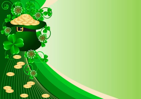 Greeting Card St. Patrick's Day with clover and golden coins