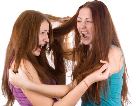 Two sisters fighting on white background
