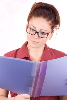 Business women with folder in hand isolated on white background
