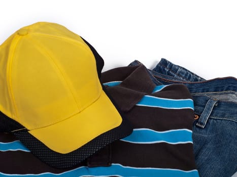 yellow cap, polo shirt and blue jeans