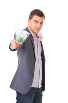 Young businessman offering money isolated ob white background. Focus on men eyes.