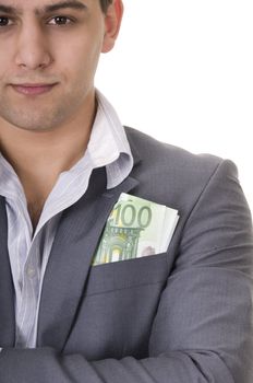 Young guy in casual style holding cash isolated on white