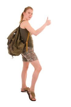 Backpacker a young woman isolated on white backgroumd
