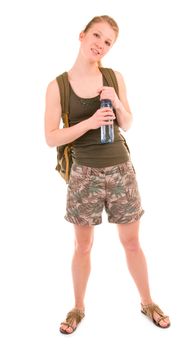 Backpacker a young woman with water bottle isolated on white backgroumd