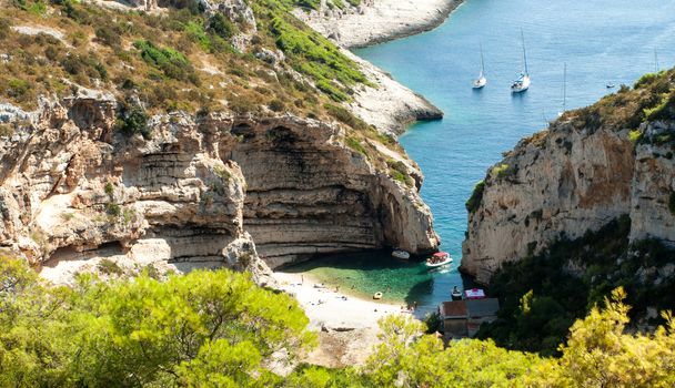 Scenic landscape about Stiniva bay in vis island