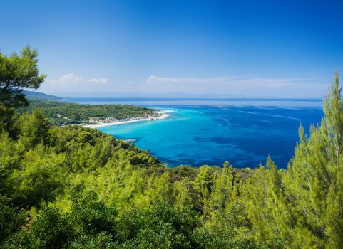 Panorama of beautiful beach lagoon in the coast of Halkidiki, Greece.