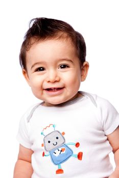 Cute happy smiling toddler baby boy showing teeth wearing t-shirt with robot, isolated.