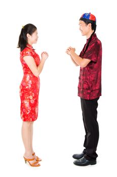 Happy Chinese new year. Asian Chinese people greeting to family / friend over white background