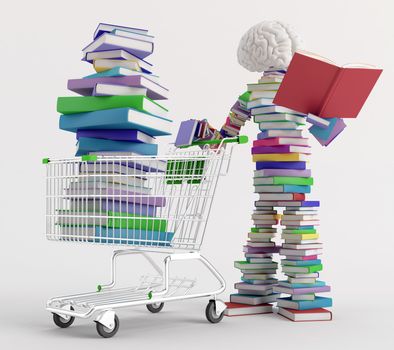 Character reading a book next to a cart full of books