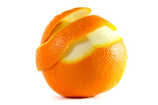 peeling one orange on white isolated background