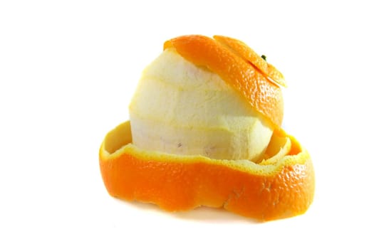 peeling one orange on white isolated background