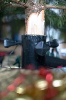 Abstract: Under the Christmas tree - presents, tree holder and tree bottom