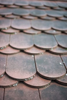 Detail of old house weathered red roof tiles