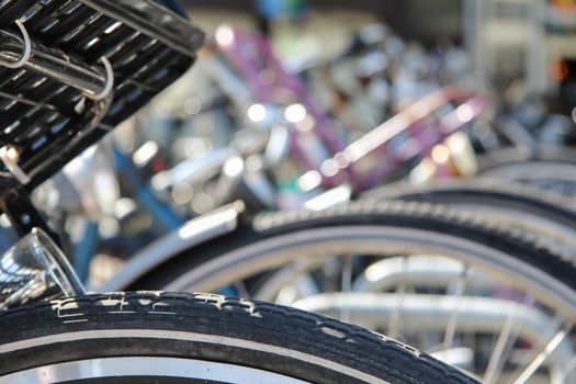 Detail of bikes parked in a center street of Amsterdam