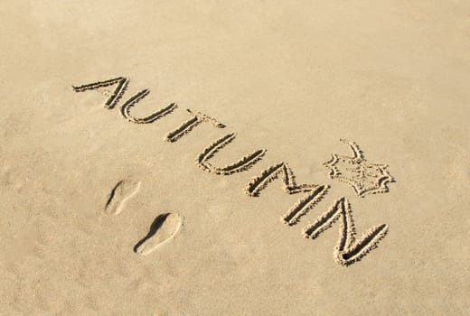 Word autumn handwritten and leaf drawn on beach sand background