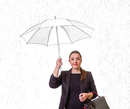 Portait of pretty smiling girl with drawing umbrella under the rain isolated on white background