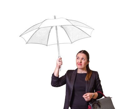 Portait of pretty smiling girl with drawing umbrella under the rain isolated on white background