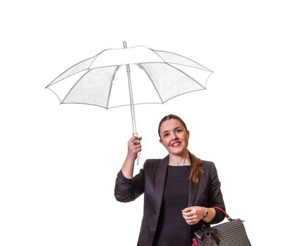Portait of pretty smiling girl with drawing umbrella under the rain isolated on white background