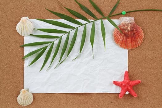 cocrboard with palm leave, crumpled paper and seashell for vacation message