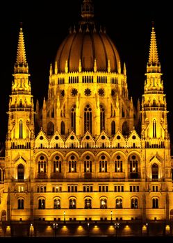 Budapest Parliament building in Hungary at twilight.