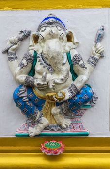 Ganesha is considered to be the Lord of letters and learning. Generality in Thailand, any kind of temple, art decorated in Buddhist church, temple etc. created with money donated by people to hire artist. They are public domain, no restrict in copy or use. This photo is taken under these conditions.