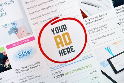 Online internet banner with text "YOUR AD HERE" on a web page. Web page with all pictures and informations are created by contributor himself.