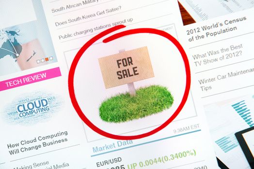Sign on internet advertising with text "FOR SALE" and red circle selection around.