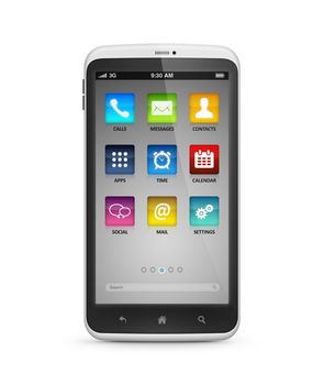 Modern mobile smartphone with application icons on a screen. Isolated on white. Include clipping path for phone and screen.