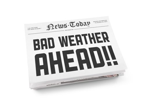 A stack of newspapers with headline "Bad Weather Ahead". Isolated on white.