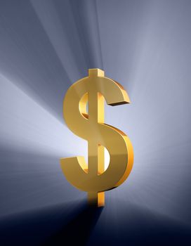 A gold dollar sign on a dark blue background brilliantly backlight with light rays shining through.
