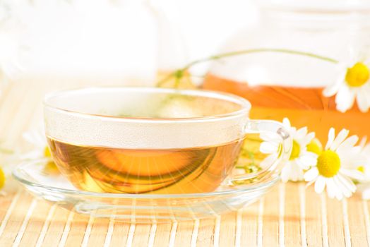 A teacup and a teapot with herbal chamomile tea