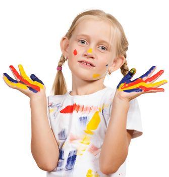 girl with painted hands, draw hands, isolated on white background